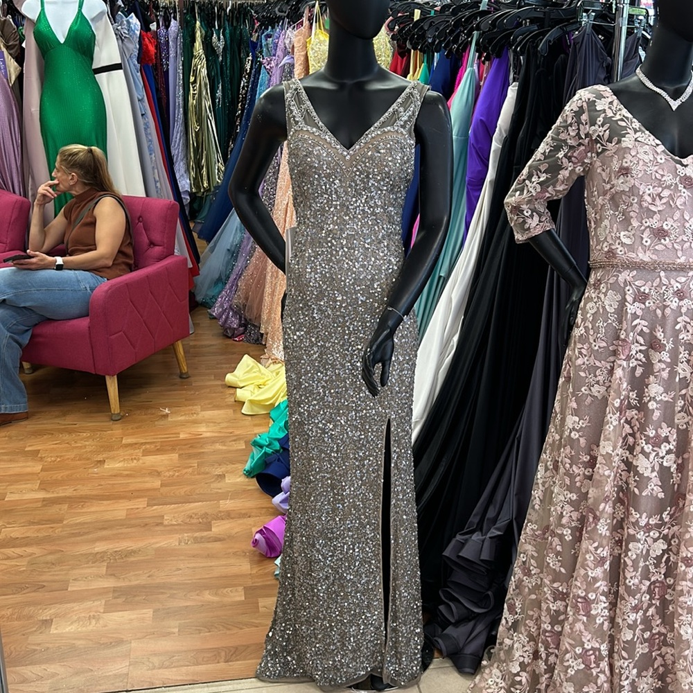 Sequin V-Neck Evening Gown in Silver